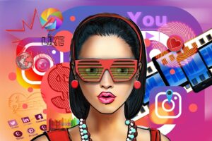 young woman, social media icons